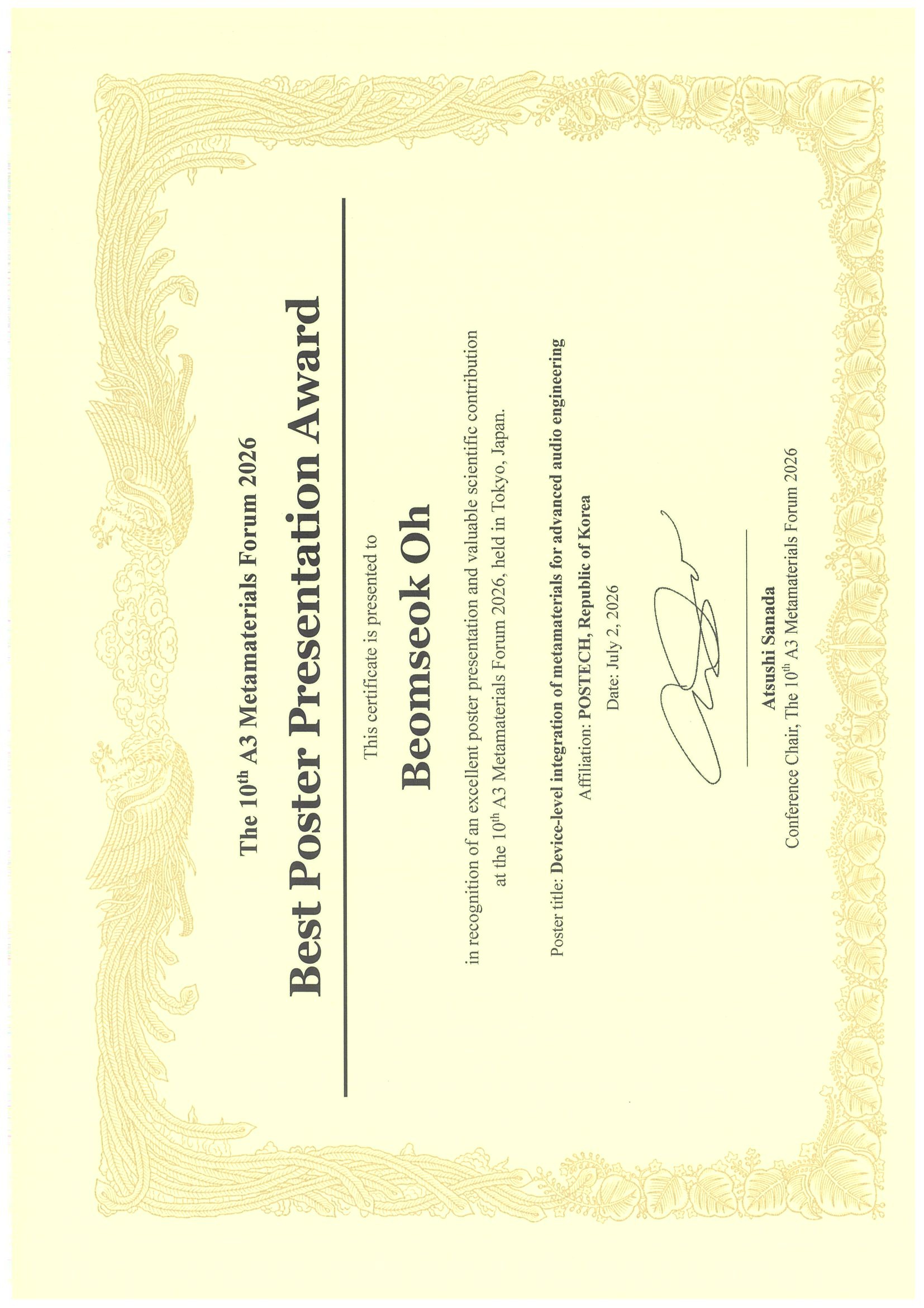Best Poster Presentation Award certificate from the 10th A3 Metamaterials Forum 2026